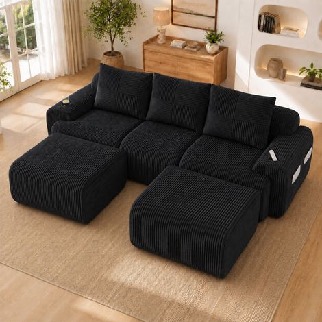 Canapé modulable velours côtelé 3 places avec 2 poufs, combinable, porte-gobelets et poche latérale, salon, séjour, noir (1/5)