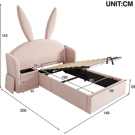 Lit enfant 90x190 cm, lit rose capitonné avec rangement et table de chevet, motif oreilles de lapin, lit junior en velours, lit fille (sans matelas) (1/4)