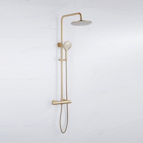FugaFlow Eccelente Ensemble de douche de tête - thermostatique - douche de tête 25cm - flexible métallique - douchette ronde - Laiton brossé PVD (Or)