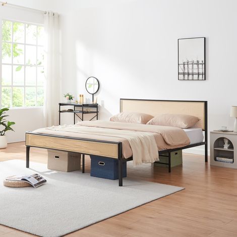Letto Matrimoniale Linköping in Metallo Nero con Testiera e Pediera Effetto Rattan 160x200 cm [en.casa]