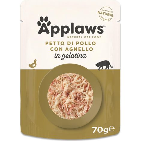 Applaws Cibo Umido Naturale per Gatti con Pechuga di pollo e Agnello in Gelatina per Gatti Adulti - 16 x 70g Bustin (1/5)
