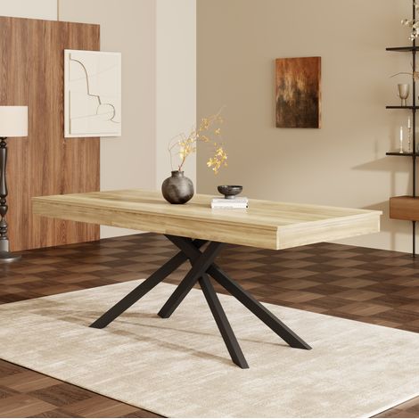 Mesa de comedor extensible 140-180x80 cm color roble en MDF con tablero grueso y patas cruzadas (1/5)
