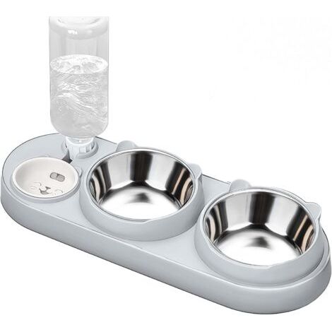 Ciotola 3 in 1 per cibo e acqua per gatti, con dispenser d'acqua e ciotole in acciaio inox, inclinazione di 15°, tre ciotole rialzate per gatti e cani da interno. (1/5)