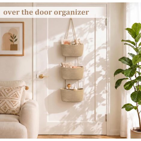 Panier de rangement suspendu derrière la porte, sac de rangement mural en coton tissé à trois couches, panier de rangement décoratif suspendu pour chambre de bébé, en jute. (1/5)