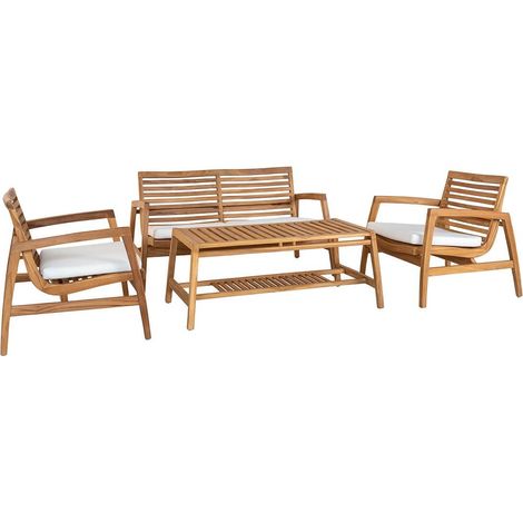 TECKER - Salon de Jardin Complet Table Basse en Teck Massif et Coussins Blancs