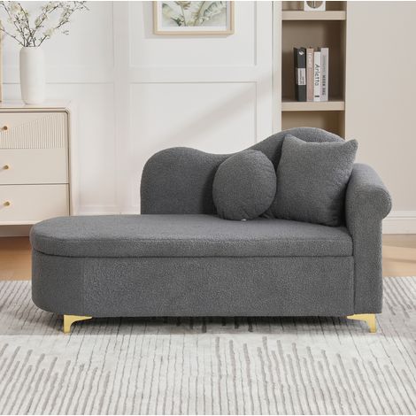 Chaiselongue 134x64x70 cm antikgrau aus Teddyplüsch mit Stauraum und 2 Kissen (1/5)