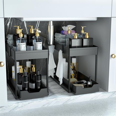 Puricon Lot de 2 Rangement sous Évier à 2 Étages, Organisateur Cuisine avec Tiroirs Amovibles, Rangement Coulissant sous Évier, Organisateur Placard, Étagère, Panier Coulissant pour Cuisine -Noir