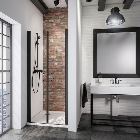 Portes de douche battantes, verre 5 mm transparent anticalcaire, style atelier industriel, profilé noir, Schulte, 90 x 192 cm (1/4)