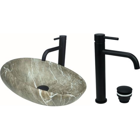 GTM Design Aufsatzwaschbecken 49 cm Matt Set mit Waschtischbatterie und Stopfen - Aufsatzwaschbecken Oval für Badezimmer - Modern Waschbecken ohne Hahnloch - Waschbecken mit Armature (1/5)