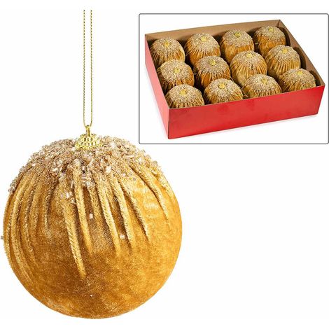 Palline di Natale in velluto dorato da appendere con decori glitterati, in scatola da 12 pezzi, set da 12 pezzi, Ø 10 cm