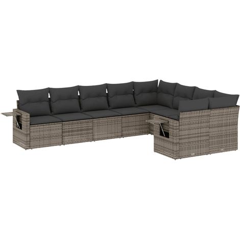 Set de muebles de jardín 9 pzas y cojines ratán sintético gris vidaXL (1/5)