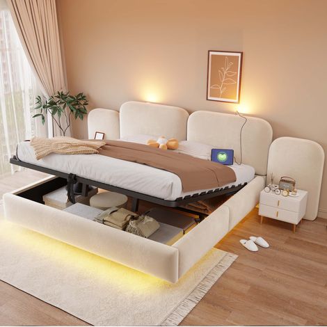 Letto contenitore 180 x 200 cm con LED RGB, porte USB-C e testiera in velluto beige OKWISH (1/5)