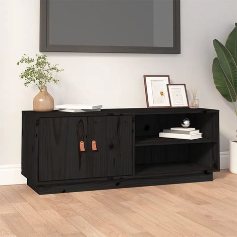 Meuble TV de Salon Armoire Télévision Banc TV Noir 105x34x40 cm Bois de pin massif -FR17993 (1/5)