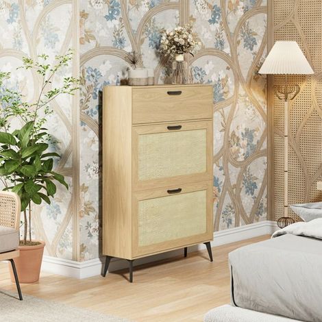 Schuhschrank, Aufbewahrungsschrank für 12 Paare, kompakter Flur- und Eingangsbereichschrank aus MDF, 80x24x114 cm, in heller Holzfarbe