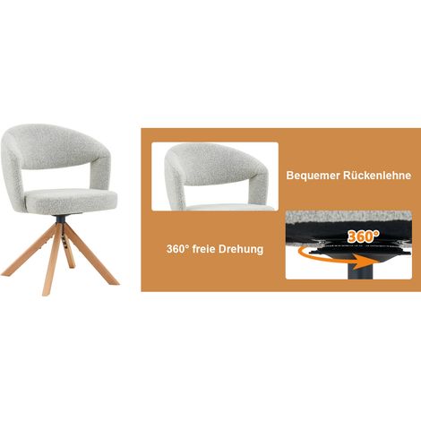 2er-Set Retro-Luxus-Drehstühle. Hellgrauer Strukturstoff mit Massivholzbeinen, Gesamthöhe 81,5 cm, 360° geräuschlose Drehung und gewölbter Rückenlehne. Geeignet für Esszimmer und Wohnzimmer. (1/5)