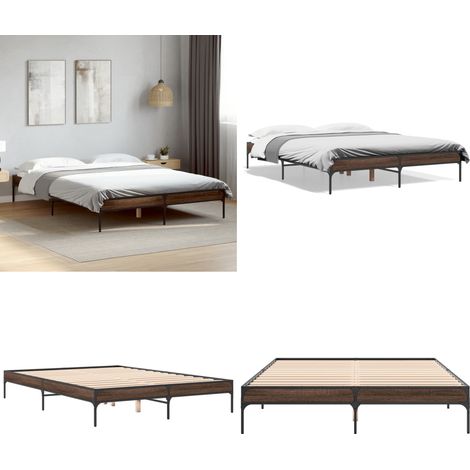 Bettgestell Braun Eichen-Optik 140x200 cm Holzwerkstoff Metall - Holzbettwäsche - Doppelbett - Lattenrost - Boxspringbett - Eiche Möbel - Home & Living (1/5)