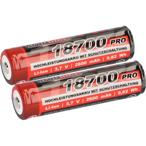 2x Kraftmax 18650 18700 Pro Akku mit PCB Schutzschaltung - speziell für LED Taschenlampen 3,7V 9,62 Wh (1/5)