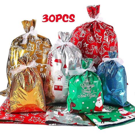 30 Weihnachtsgeschenktüten aus Folie mit Kordel, Mylar-Süßigkeitentüten (groß, mittel, klein), blau und grün - Xindaren (1/5)