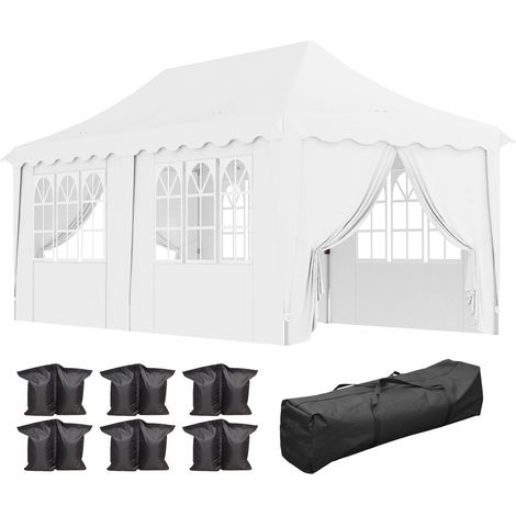 Outsunny 3 x 6m Pop Up Gazebo with Sides, UPF50+ Height Adjustable Marquee Party Tent, Wedding Canopy, Instant Event Shelter with Carry Bag and Sand Bags for Garden, White