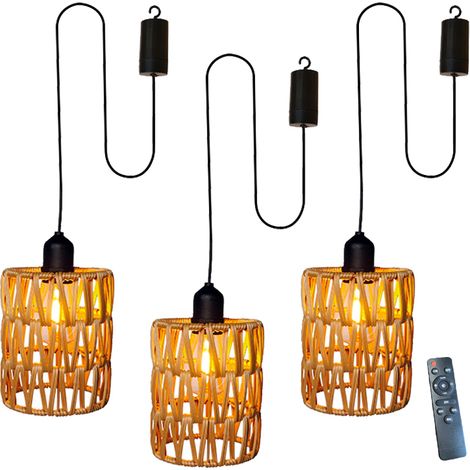 Lot de 3 lustres à intensité variable avec télécommande, lustres décoratifs en rotin avec ampoule, suspensions à piles (1/5)