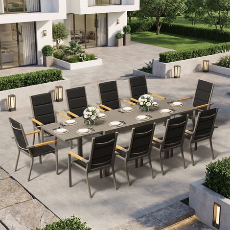 Ensemble Table Chaise Jardin 10 personnes,Table Jardin Chaise en Aluminium,10 Chaises Jardin Accoudoirs Imitation Bois et 1 Table Extensible(130/260cm),Imperméable,Antirouille,Tout Temps,Marron