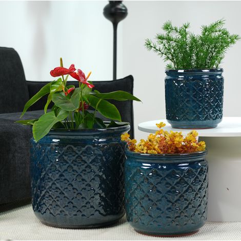 Set de 3 macetas de cerámica Ø 38/30,5/23 cm azul verdoso brillante OKMYHOME (1/5)