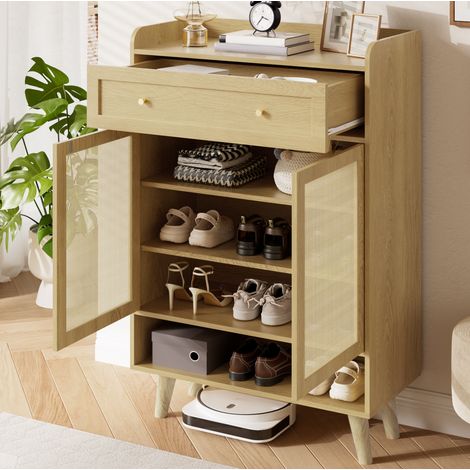 Armoire à chaussures 80x35x105 cm chêne clair en panneaux de particules avec 2 portes push-to-open et 1 tiroir (1/5)