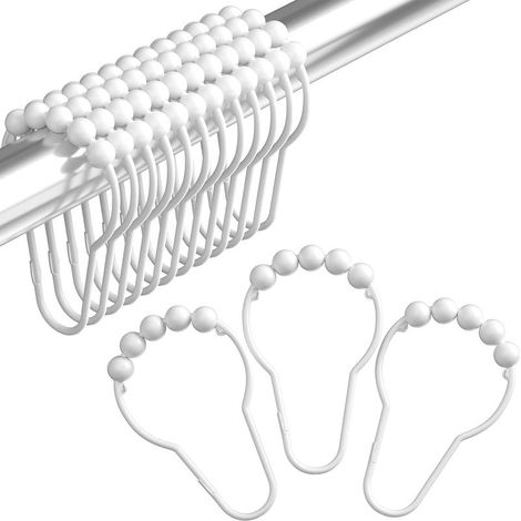 Lot de 12 anneaux de rideau de douche en acier inoxydable avec système coulissant, 12 crochets simples, 74 x 42 mm (blanc) (1/5)