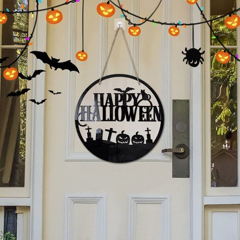Décoration de porte d'Halloween en bois avec motif citrouille, idéale pour une fête d'Halloween à la maison ou en extérieur. Panneau suspendu en bois à suspendre à la porte d'entrée. Décoration murale (1/5)