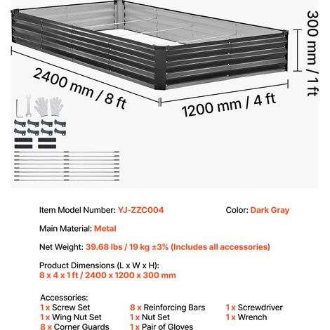 VEVOR 2 Pack Galvanized Raised Garden Beds, 8 x 4 x 1 ft, Rectangular Metal Planter Boxes Kit Outdoor, Bottomless Elevated Planting Box with Gloves, Alu-Zinc, for Growing Flowers Vegetables, Dark Gray (1/4)