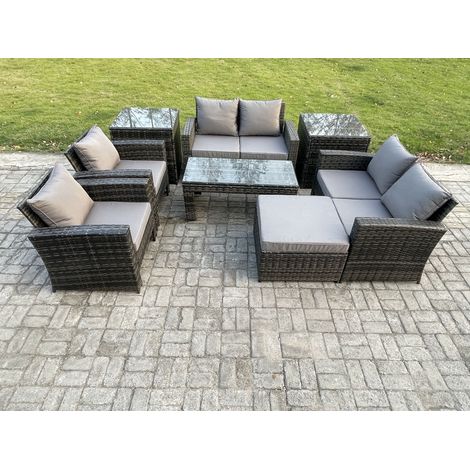 Fimous 7 Seater Dark Grey Mixed High Back Rattan Sofa Set Coffee Table Garden Furniture Outdoor Patio With Love Sofa Arm Chairs 2 Side Tables Big Footstool (1/5)