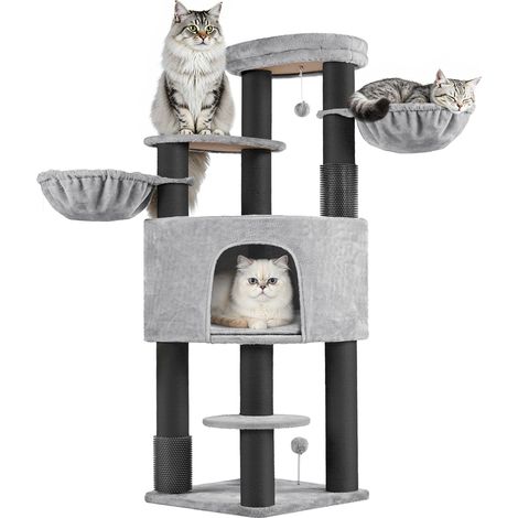 Yaheetech Tiragraffi Grande Albero per Gatti di Grossa Taglia con 2 Spazzole e Coperte Tronchi in Sisal da 11 cm di Spessore Ampie Piattaforme e Tana 56 x 56 x 160 cm Grigio Chiaro e Nero