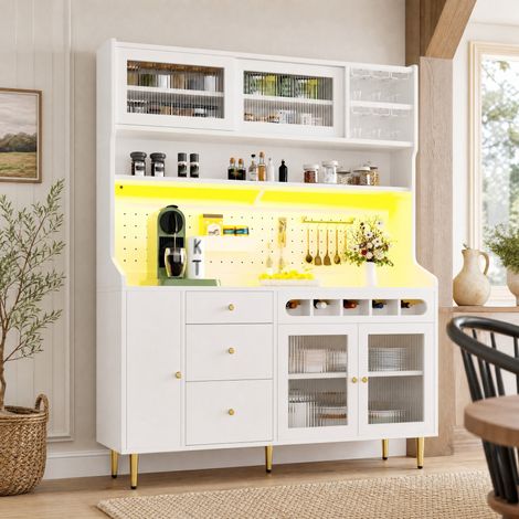 Credenza alta bianca 145×39×171 cm con LED, ripiani regolabili, cassetto e portabottiglie (1/5)