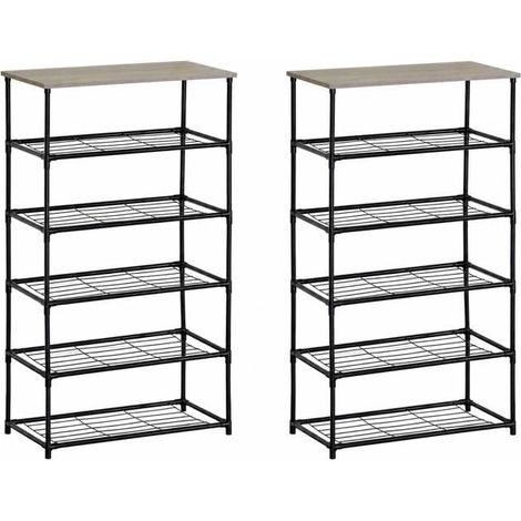 Étagère de rangement 6 niveaux - JUANIO - Lot de 2 - Métal noir - Plateau effet bois - L60 x P30 x H103 cm (1/5)
