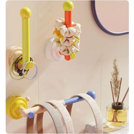 Set mit 2 farbenfrohen Klebehaken – vielseitige Kunststoffhaken für Hüte, Mützen, Haarbänder und Armbänder. Robuster und abnehmbarer Organizer für Kleiderschrank, Eingangsbereich und Zuhause. (1/5)