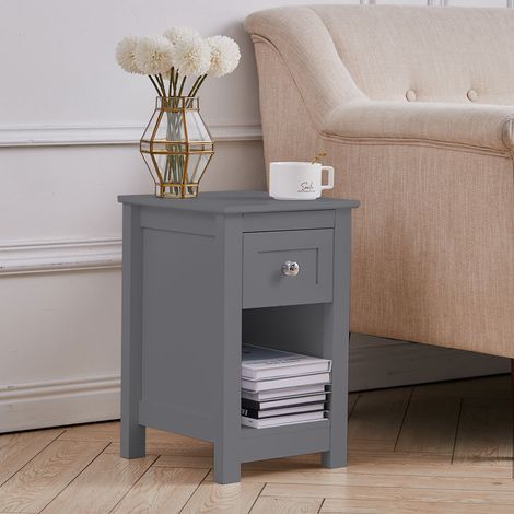 Small Wooden Beaside Table Cabinet with Drawer Shelf Storage, Grey (1/5)