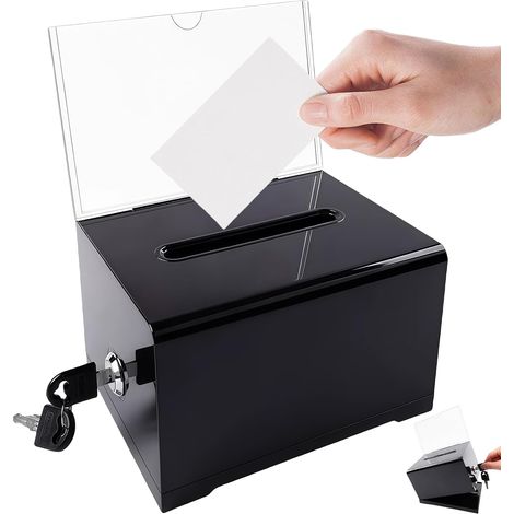 Boîte de dons en acrylique avec clé, boîte à dons, verrouillable, urne de vote, boîte de dons transparente pour votes, loteries, compétitions - Noir (1/5)