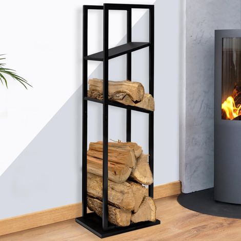 Leñero vertical de acero negro con 2 estantes H.112 CM para chimeneas