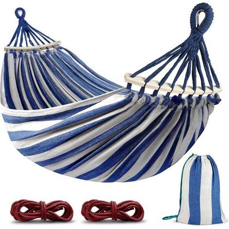 Hamac suspendu 2 places 275 x 155 cm – tissu anti-décoloration, barre en bois, charge 250 kg, sac de transport (1/5)