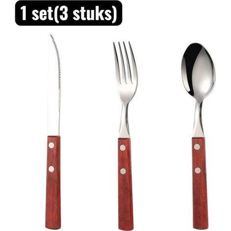 set (3 pièces) - Ensembles de couverts - Élégant ensemble de couverts 3 pièces en acier inoxydable - Couteau à steak, fourchette et cuillère modernes avec manche ergonomique - Acier inoxydable - Brun- (1/5)