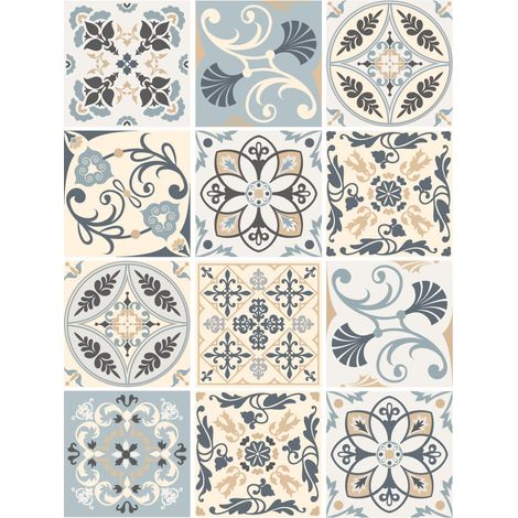 Planche de 12 Stickers Carreaux de Ciment Royal Beige – Autocollants Muraux Décoratifs Beige Naturel – 10 x 10 cm