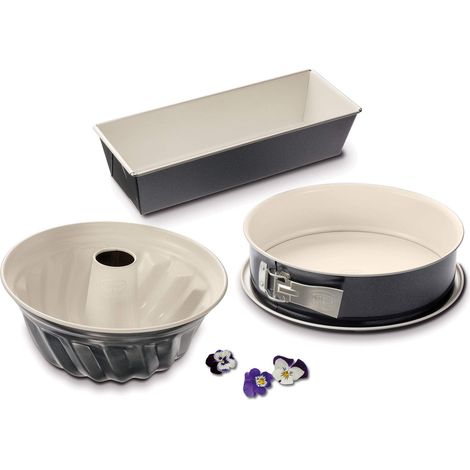 Dr. Oetker Set da 3pz stampi da forno, Stampo a cerniera Ø26, Stampo plumcake pane 30x13, Stampo ciambella Ø22, materiale acciaio rivestito in ceramica, rivestimento antiaderente