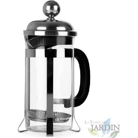 Französische Plunger-Kaffeemaschine aus Orbegozo-Borosilikatglas.  Fassungsvermögen 350ml.