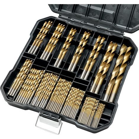 Set mit 99 Spiralbohrern, 135°-Spitze, titanbeschichteter Schnellarbeitsstahl, für Eisen, Aluminiumlegierung, Kupfer, Holz, Kunststoff, mit stabilem Aufbewahrungskoffer, 1/16"-3/8". (1/5)