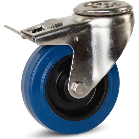 Roulette pivotante freinée - MESO - Caoutchouc élastique inox - Trou central - 100mm - 100kg