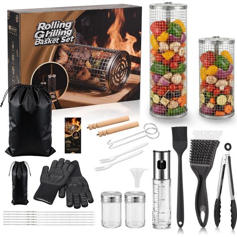18 Pièces Set de Panier à Barbecue Roulant, Poignée Détachable, Acier Inoxydable 304, Set Complet d’Accessoires pour Barbecue avec Gants, Brochettes, Sac (1/5)