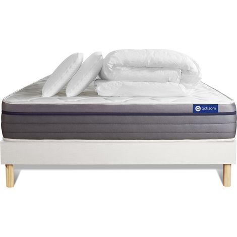 Komplettpaket Bett - Matratze 140x200 cm + Boxspringbett mit Lattenrost (im Set) + 2 Kopfkissen + Bettdecke - ActiMemo Zen