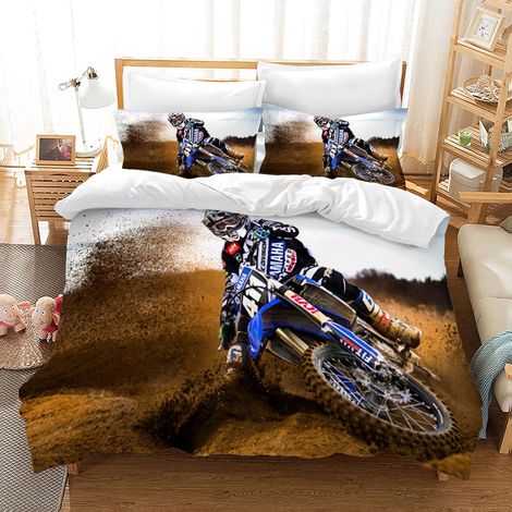 Parure de lit 3 pièces en Microfibre avec Housse de Couette et taie d'oreiller, Motif de Motocross Licorne pour Enfants (Moto E, 220 x 240 cm) (1/5)