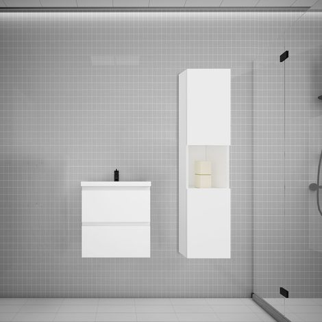 Aica Ensemble meuble vasque L.50cm blanc 2 tiroirs + lavabo + colonne (1/5)