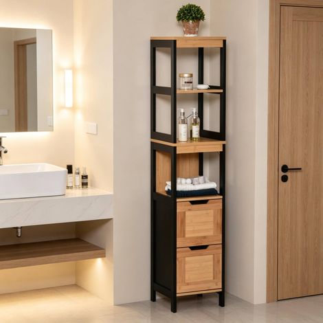 Mueble de baño columna con 2 cajones y 3 estantes, bambú natural y negro HAVRYA (1/5)